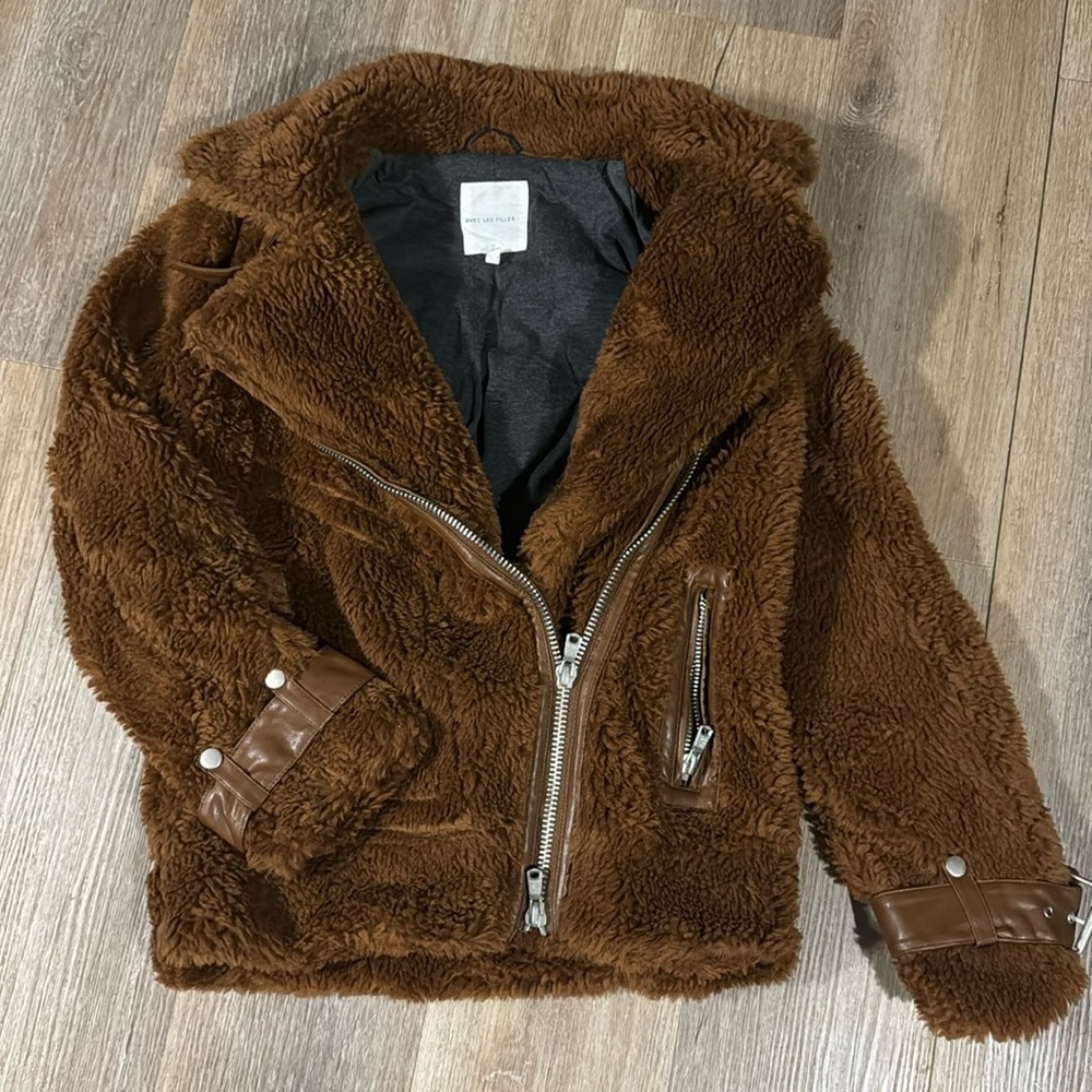 Avec Les Filles Oversized Cognac Furry Jacket Lined Coat